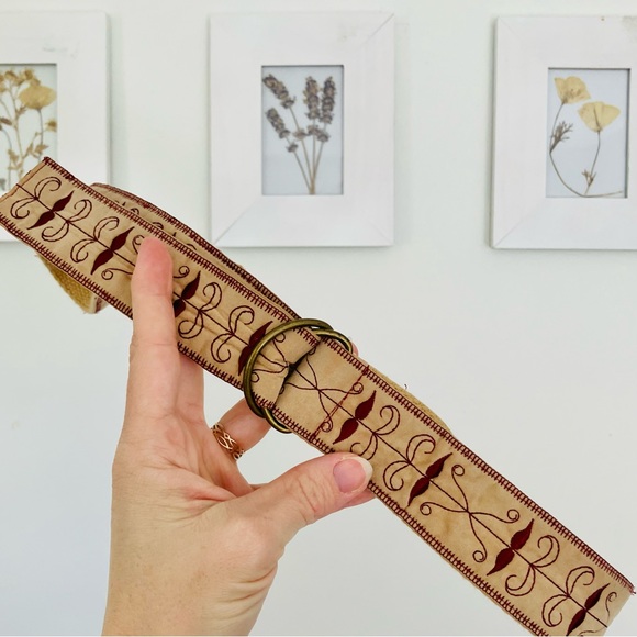 Vintage Accessories - Vintage Fabric Embroidered Belt Tan Burgundy Red Bohemian Neutral Hippie Wrap